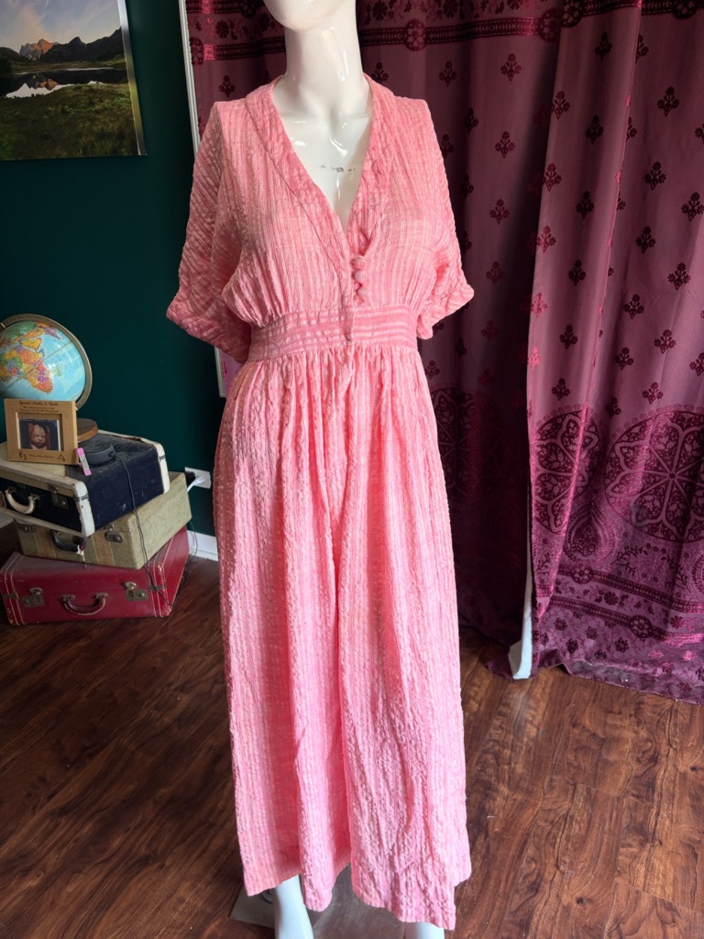 Vintage Handmade Women's Pink Textured Maxi Dress Size Small